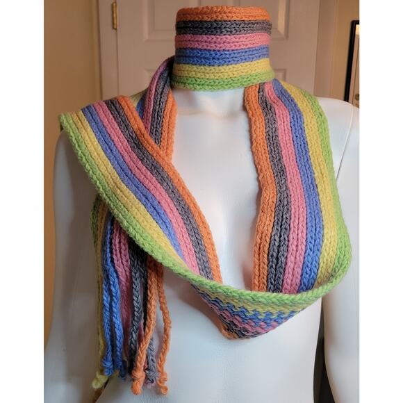 Talbots 30% Wool Knit Long Fringed Scarf Yellow Pink Orange Blue Green 88" x 4" - Picture 1 of 8